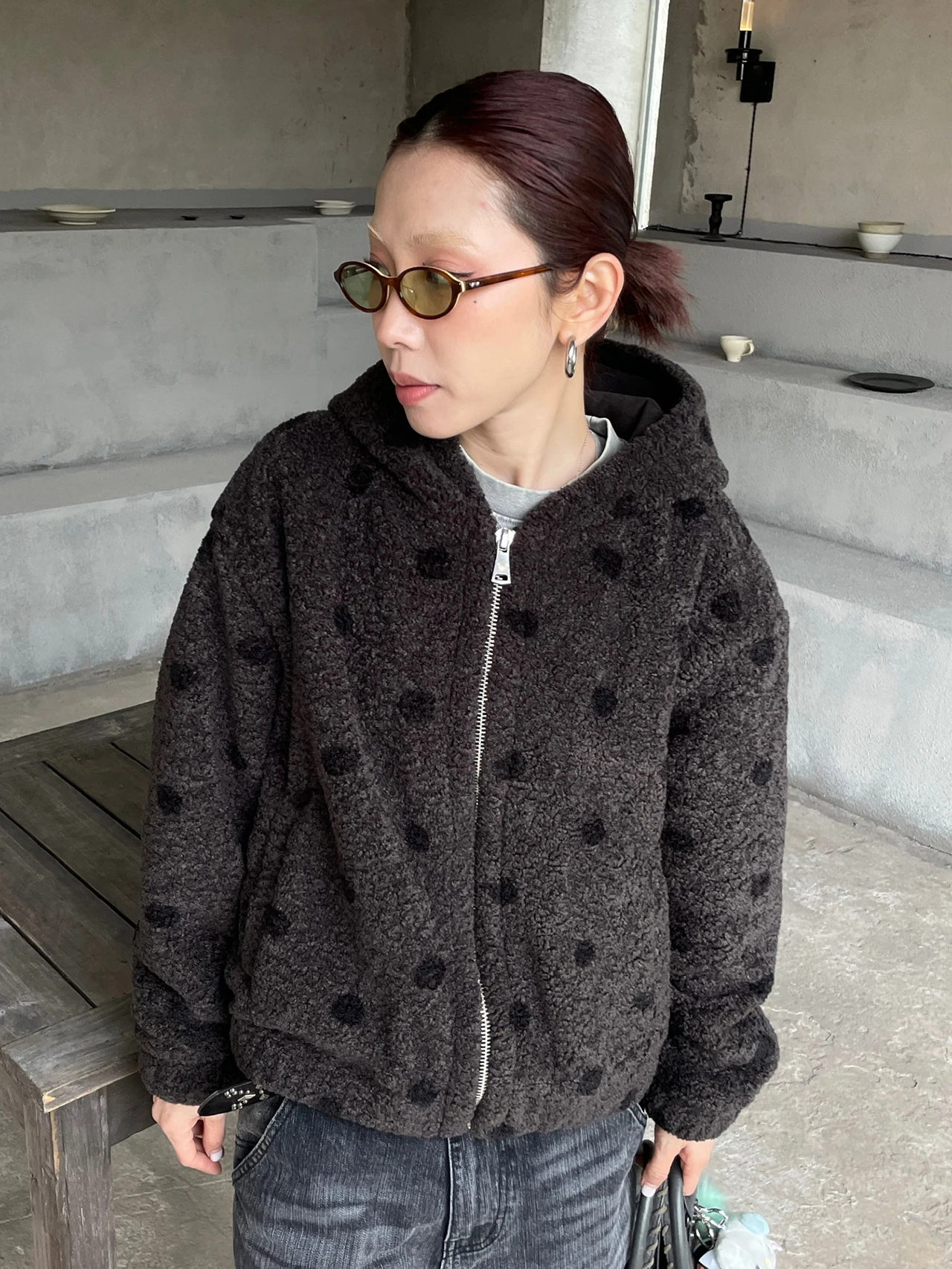 

MMBBT Оригинальная американская короткая куртка с капюшоном и узором в горошек из овечьей шерсти, женская зимняя новая теплая ретро-куртка, женское пальто