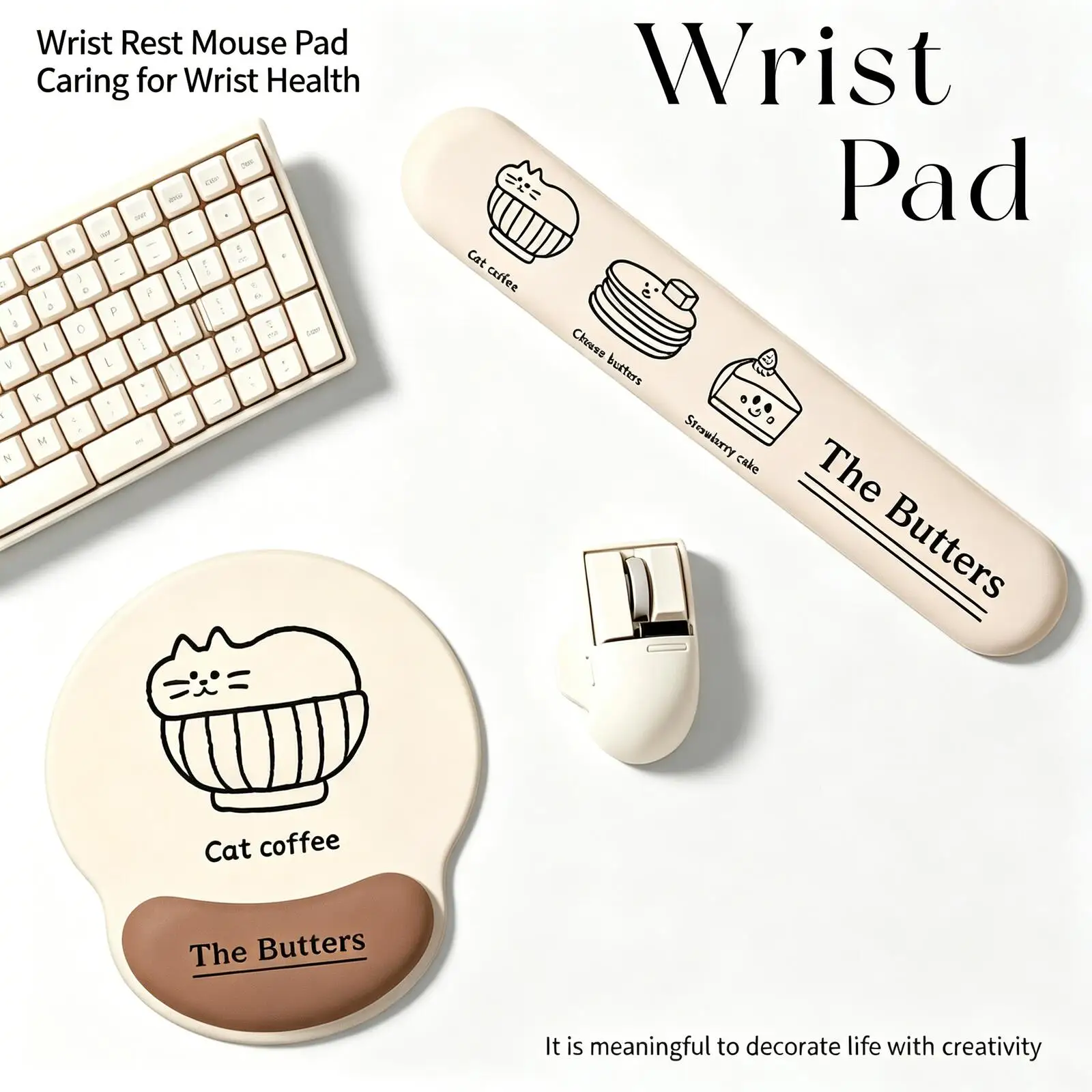 Cute Cat Coffee Ergonomic Wrist Rest Mouse Pad Set Memory Foam Keyboard Palm Support Anti-slip Milk Silk Cushion Office Gaming