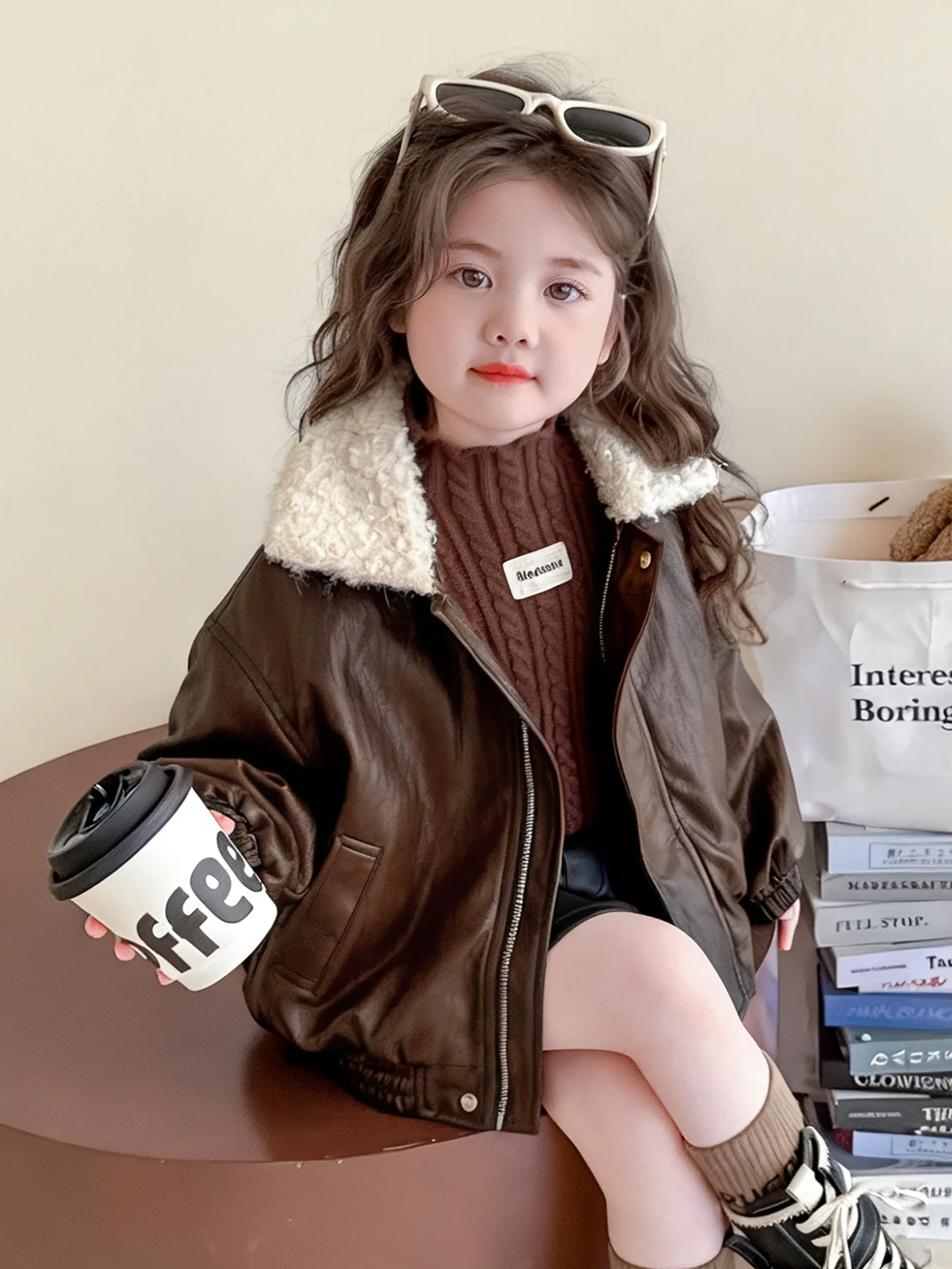 Пальто из искусственной кожи для девочек, новая осенне-зимняя коллекция, стильная куртка с пушистым воротником, зимнее пальто, теплый топ