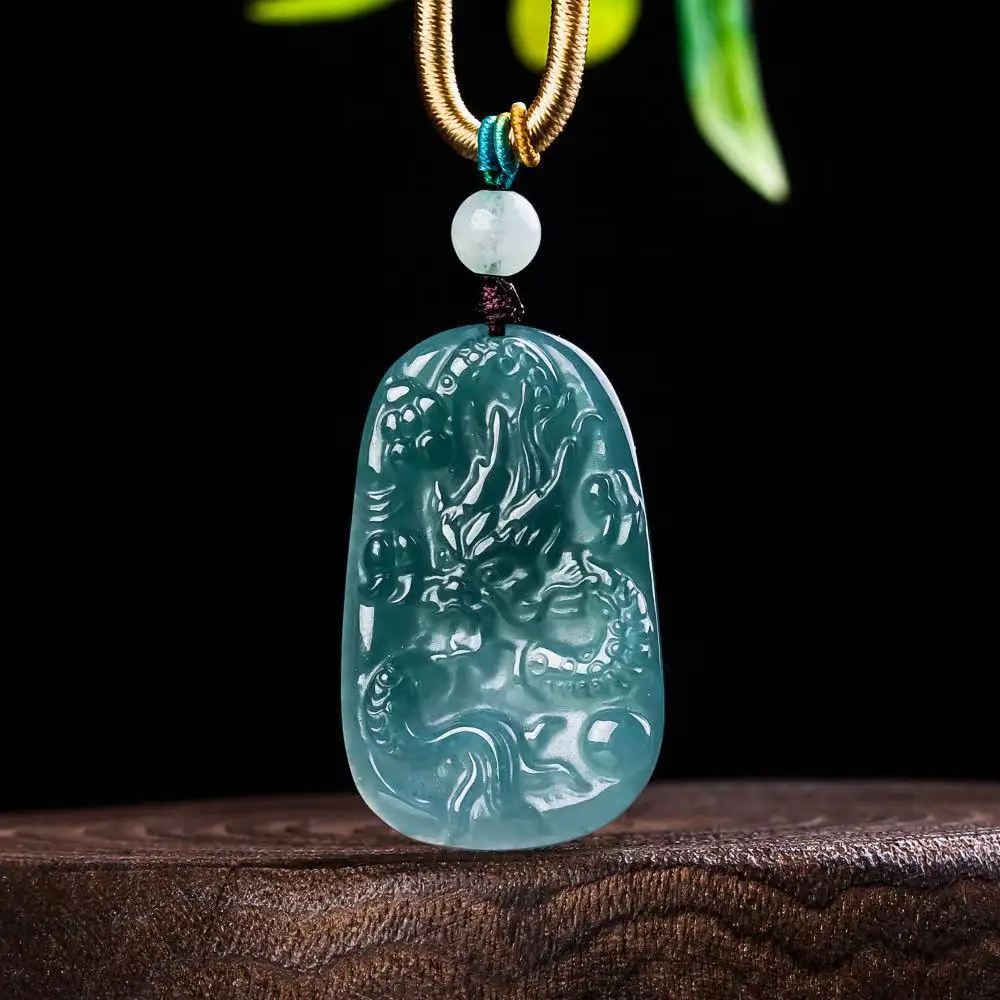 Natural Real Blue Water Jade Zodiac Dragon Pendant Necklace Carved Charm Jadeite Jewelry Fashion Amulet Woman Gifts Certificate