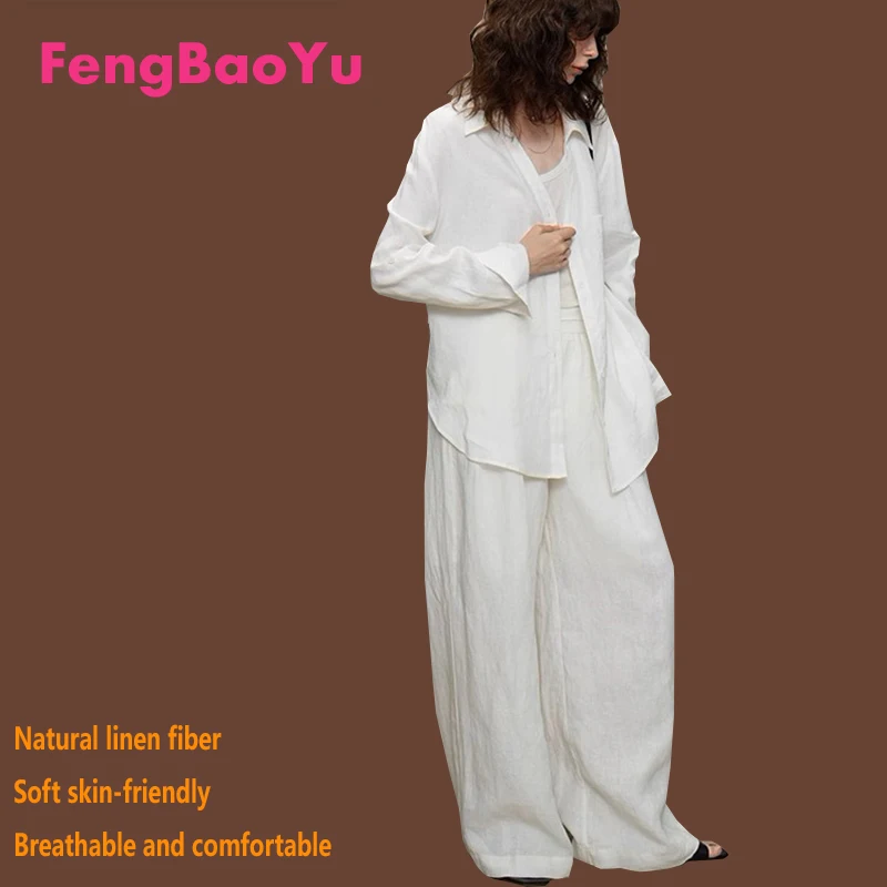 Fengbaoyu 100% Natural Linen Women's Set - Blouse and Pants 2 Pieces - Spring/Summer Outdoor Casual Loose Large Size