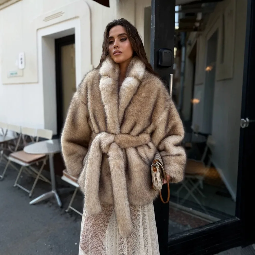 Elegant Thick Warm Environmentally Friendly Fox Fur Coat Autumn and Winter Women's Chic Loose Soft Snow Travel Camping Long Coat