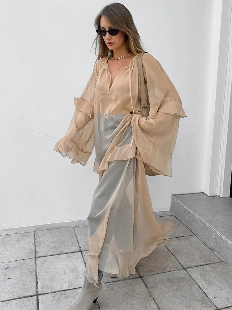 Trendix Fashion Oversized Cover Up Dress Women 2025 V Neck Loose Streetwear Casual Long Sleeve Maxi Dress Femme Ruffle Dresses - Image 2