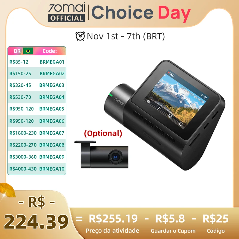 70mai Dash Cam A200 2 '' Tela LCD 70mai A200 Carro DVR1080P Gravador Automático 24H Suporte de Estacionamento 130 °   Gravação de canal duplo FOV