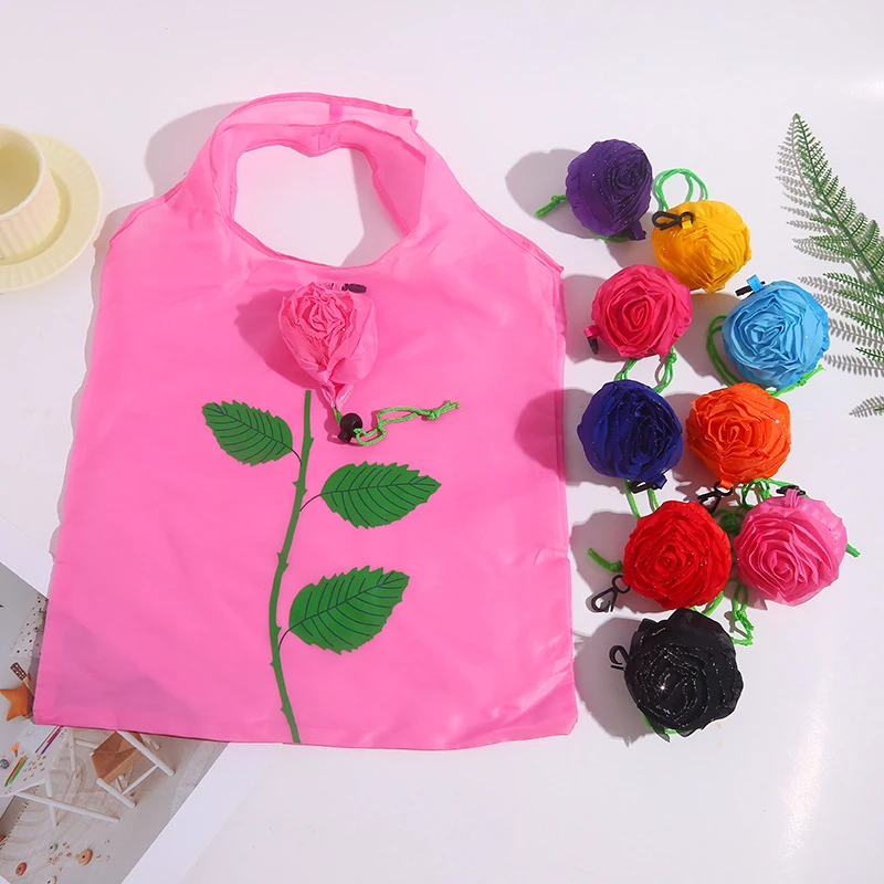 Rose Flower Foldable Shopping Bag Portable Large Capacity Folding Tote Bag Lightweight Durable Travel Handbag Storage Pouch