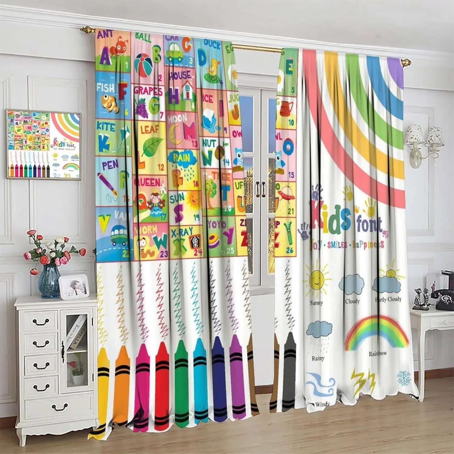 Alphabet Kids Curtains,Colorful Cartoon Animal Learning Educational Knowledge Pattern Blackout Rod Pocket Window Drapes for
