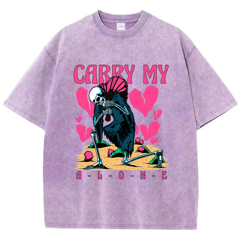 

Carry My Alone Print Female Wash T-Shirt Summer O-Neck T Shirts Street Hip Hop Distress Clothing Breathable Soft Short Sleeve