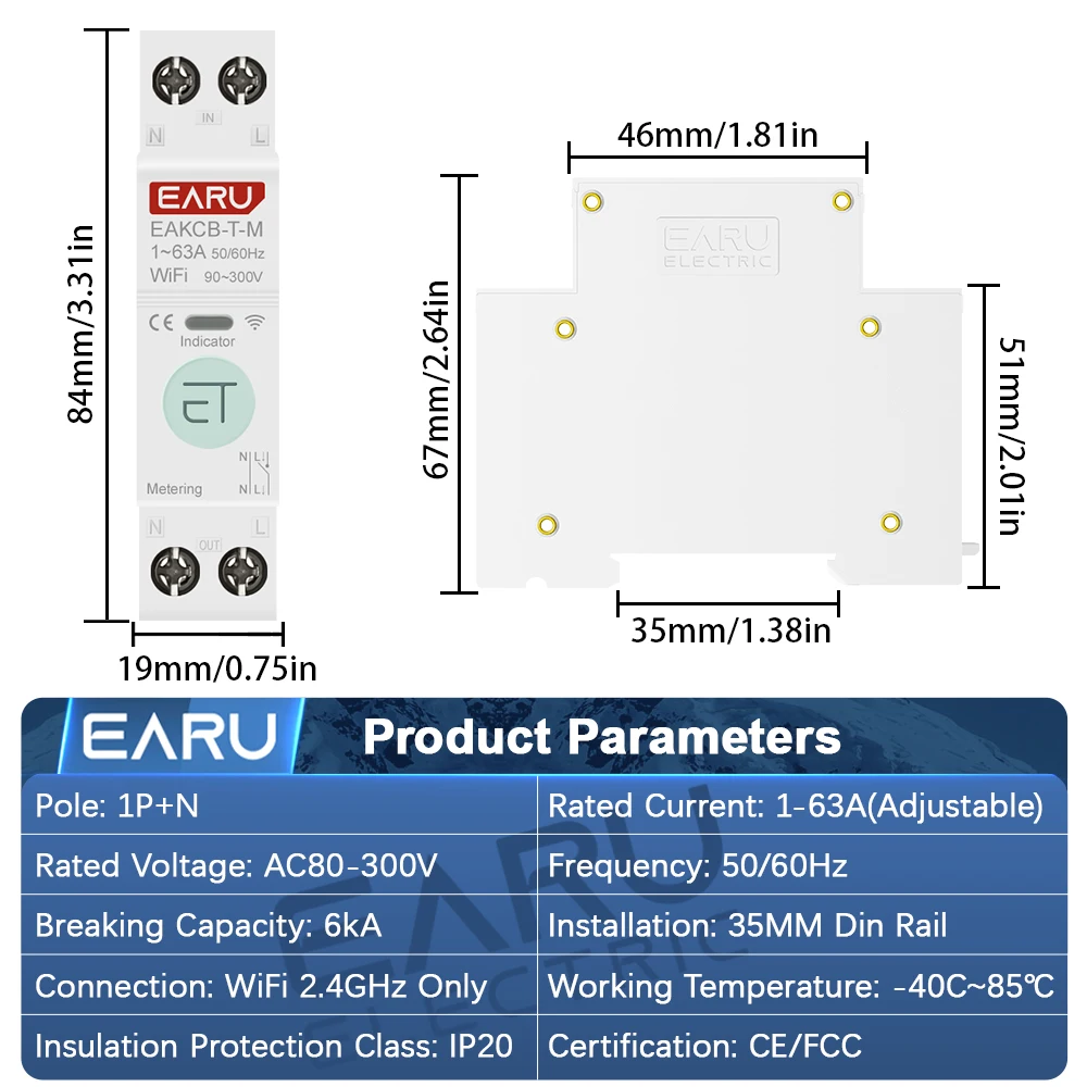 EARU Tuya WiFi Smart Circuit Breaker MCB Timer 63A Power Energy kWh Voltage Current Meter Protector Voice Remote Control Switch