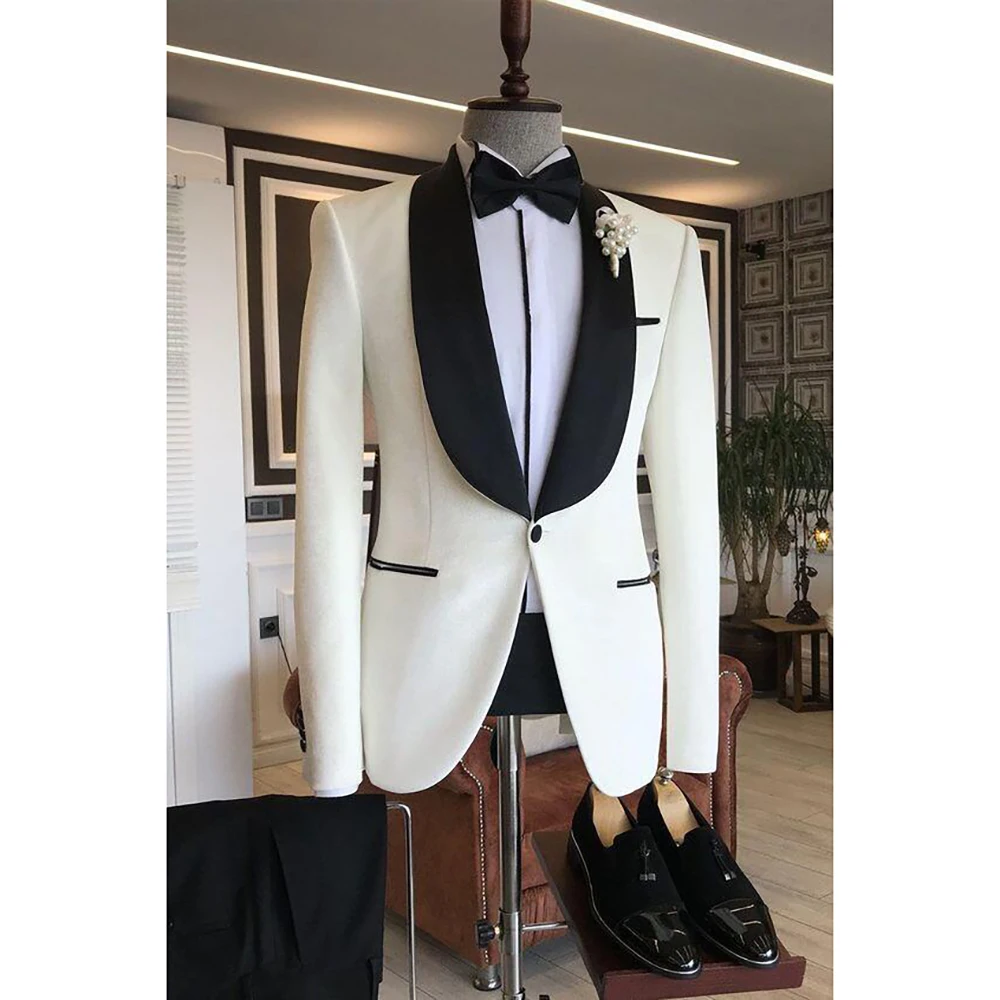 

Boutique White Blazer Different Collar Shapes Men's Suit 2 Pieces Single Buckle Peak Lapel Set Daily（Jacket+Black Pants）