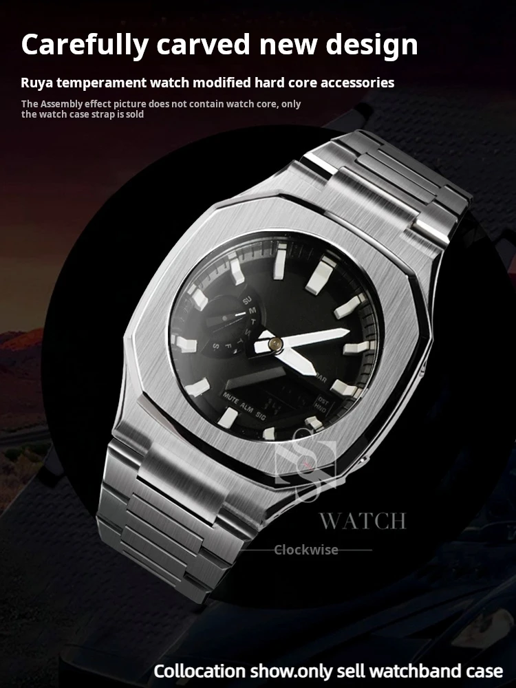 طقم عصري لساعة كاسيو G-SHOCK GA-2100 2110 B2100 حافظة من الفولاذ المقاوم للصدأ معدلة FKM حزام مطاطي فلوري أجزاء سوار معدني للرجال