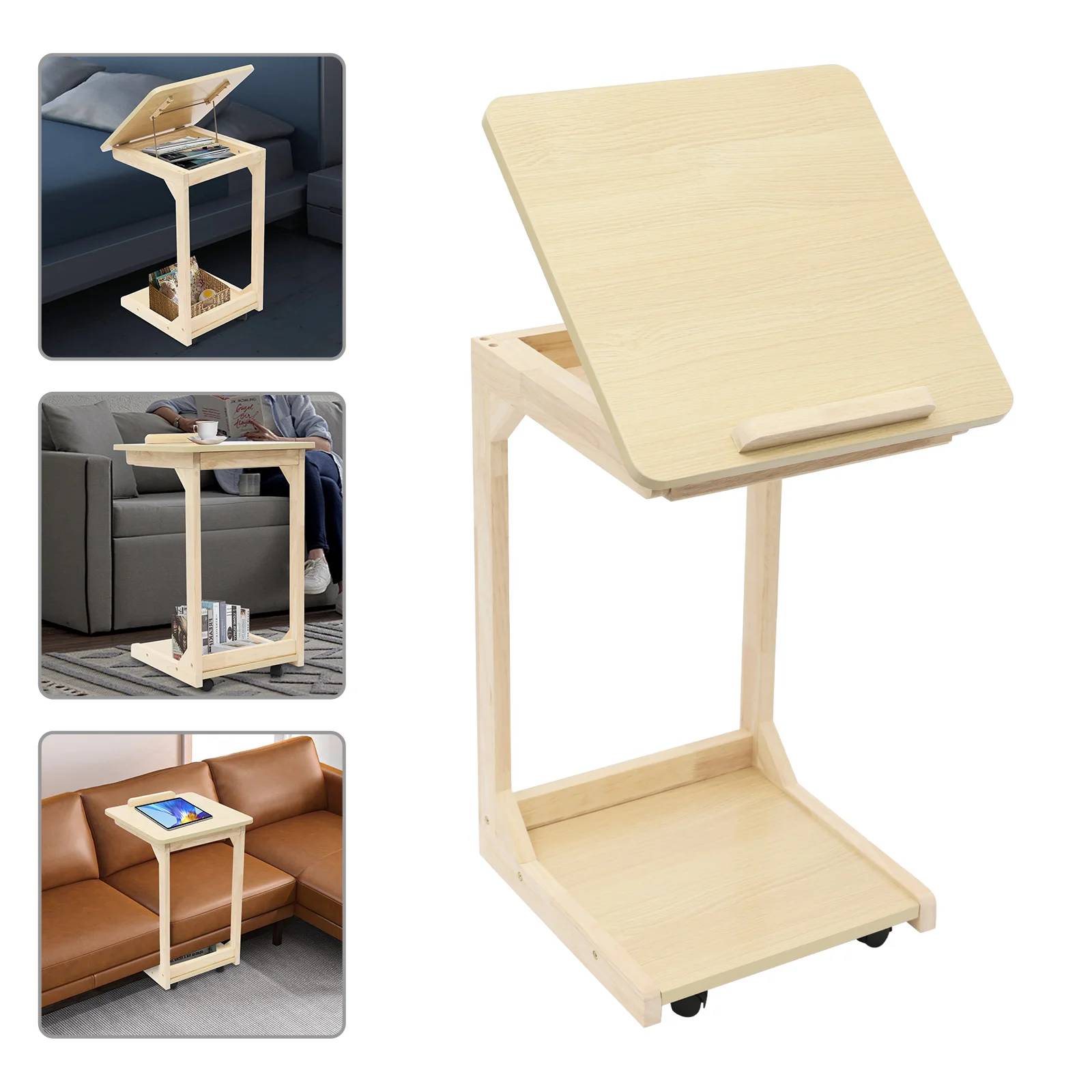 C Shaped Table 0°-40° Tiltable with Wheels Mobile Laptop Stand Space Saving Couch Side Desk 4 Casters with Brakes Adjustable Angle Rolling Nightstand for Sofa Bed Living Room Office Home