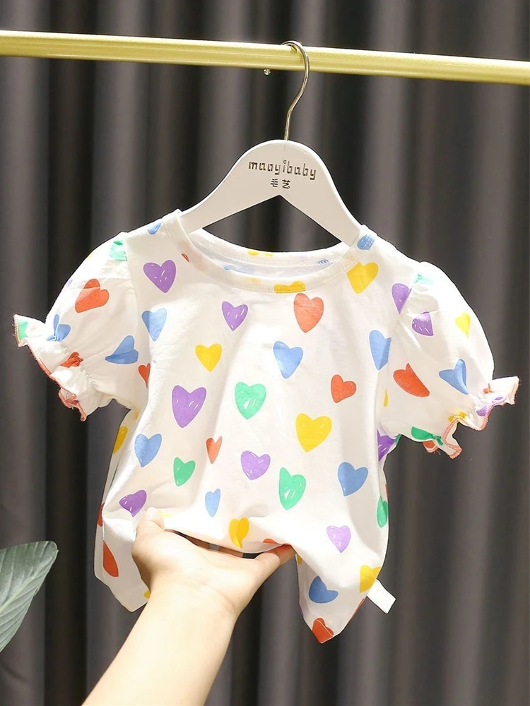 

Baby Girls Short Sleeve T-Shirts Puff Sleeve Colorful Heart Print Children Pullovers Korean Fashion Trend Kids Cotton Tops