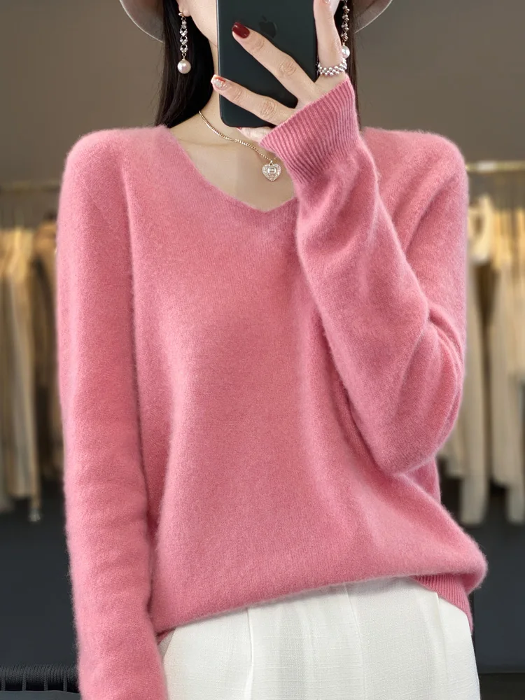 New Women\'s Wool Sweater V-Neck Pullovers Long Sleeve Tops 100% Merino Wool Spring Autumn Female Cashmere Knitwear Clothing