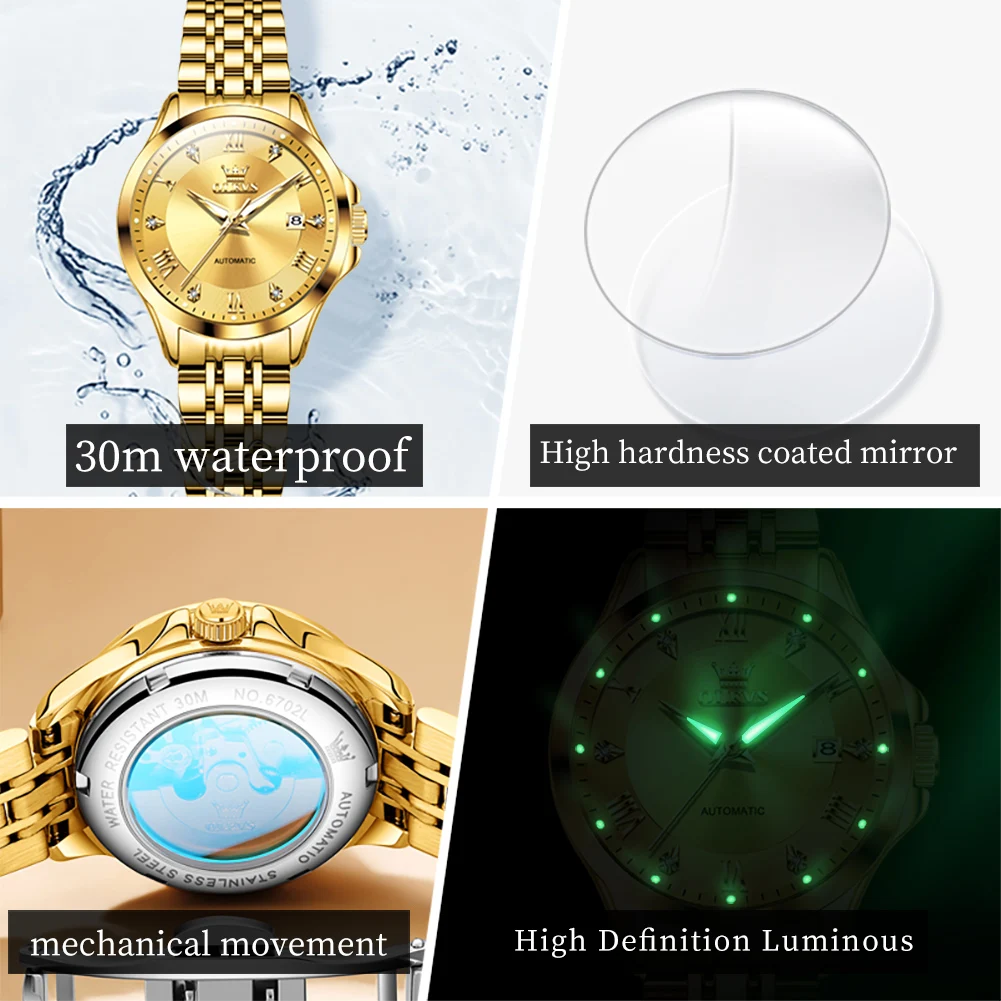 OLEVS Women\'s Mechanical Watch Stainless Steel Strap Dual Calendar Luxury Ladies Wristwatch Original Automatic Watches for Women