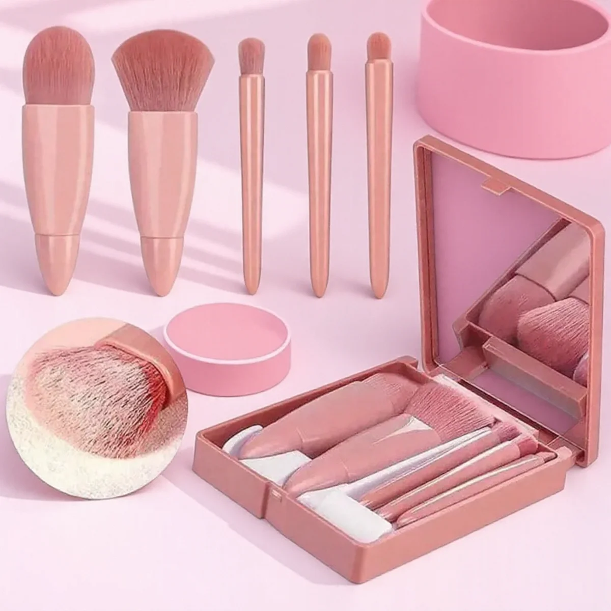 Set di pennelli per trucco portatile da 5 pezzi con scatola a specchio Pennelli cosmetici da viaggio per fondotinta in polvere per ombretto e fard