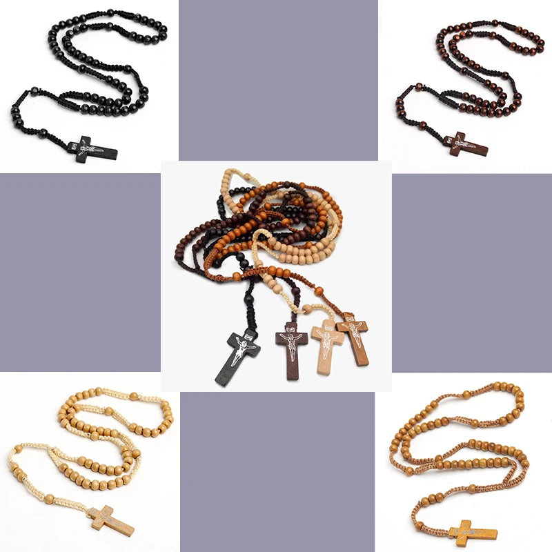 8mm Black/Brown/Wood/Khaki Wooden Rosary Beads Catholic Orthodox Cross Necklace for Men, Wooden Woven Rope Prayer Spiritual Gift