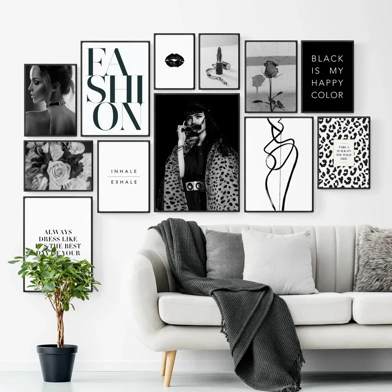 Fashion Black And White Sexy Poster Flower Women Motivational Text Canvas Wall Art Prints Abstract Painting Wall Hanging Decor