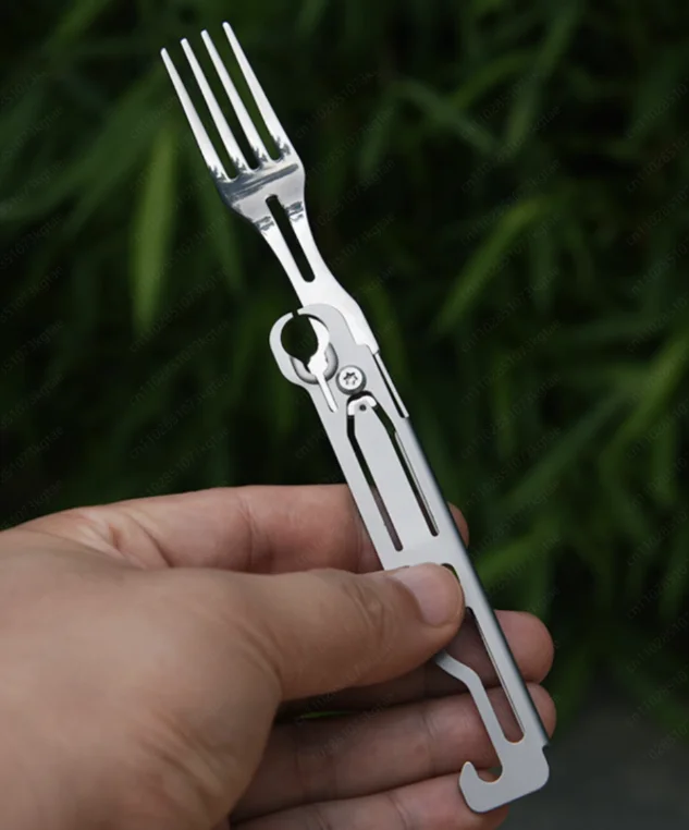 Outdoor camping tableware Stainless steel multi-functional folding fork and spoon combination, red wine bottle opener