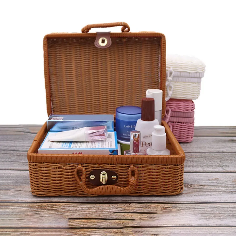 Woven Rattan Organizer Box with Handle Retro Jewelry Containers Home Desk Makeup Household Products Accessories Supplies