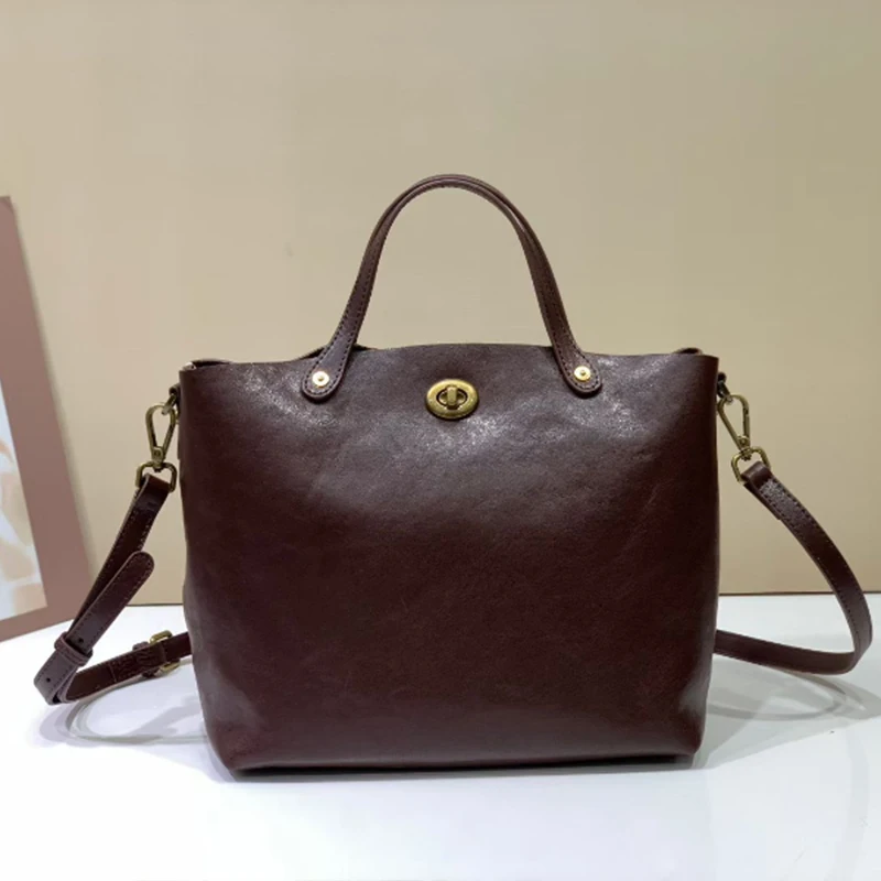 

Vintage Genuine Leather Tote Bucket Bag Luxury Cowhide Plant Tanned Shoulder Crossbody Bag For Women Work Commuter Handbag ﻿