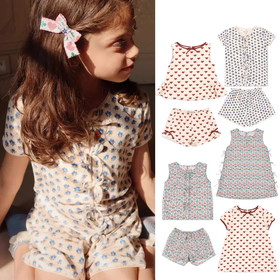 

2025 KS Summer Baby Girls Flower Dresses Kids Clothes Girls Cotton T Shirts + Shorts Country Style Pajama Sets Loungewear