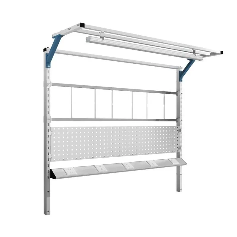 Workbench with rack Operator bench with steel rack, hole plate, laminate, balancer, slide display frame