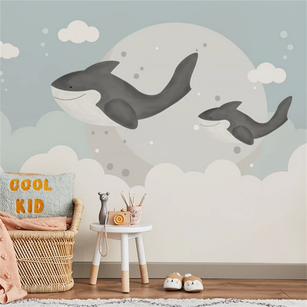 

Обои с мультяшными китами и облаками для детской комнаты девочки, настенное панно для детского сада, 3D-декор для дома, интерьерные наклейки