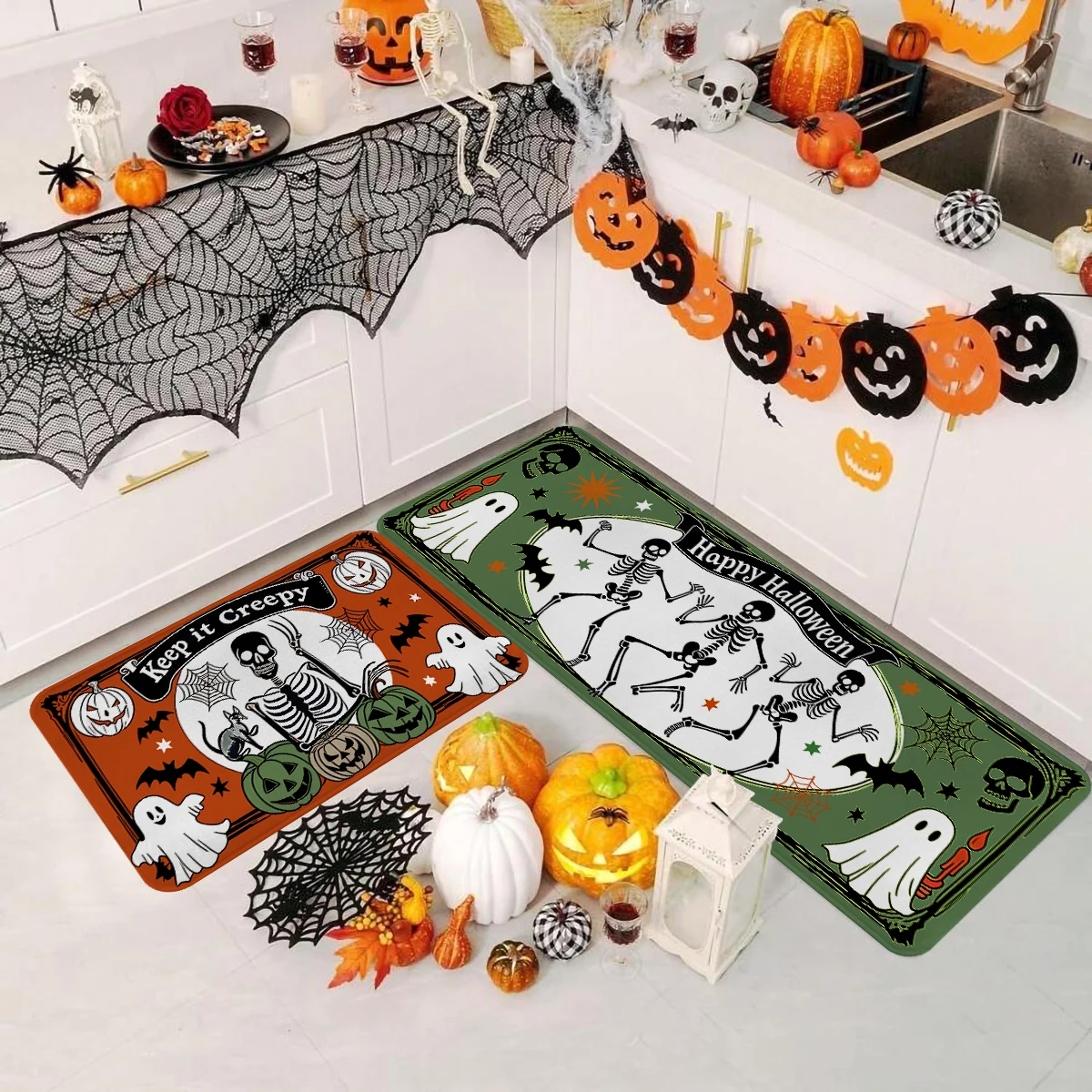 

1pc Halloween Kitchen Decoration Carpet Floor Mat Terror Ghost Bat Pumpkin Lantern Skull Design Non slip Flannel Floor Mat