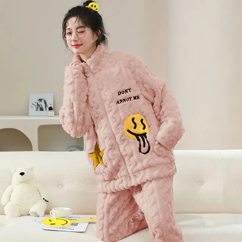 

New Thickened and Fleece Coral Fleece Pajamas for Women's Warm Dormitory in Autumn and Winter Flannel Home Wear Set for Winter