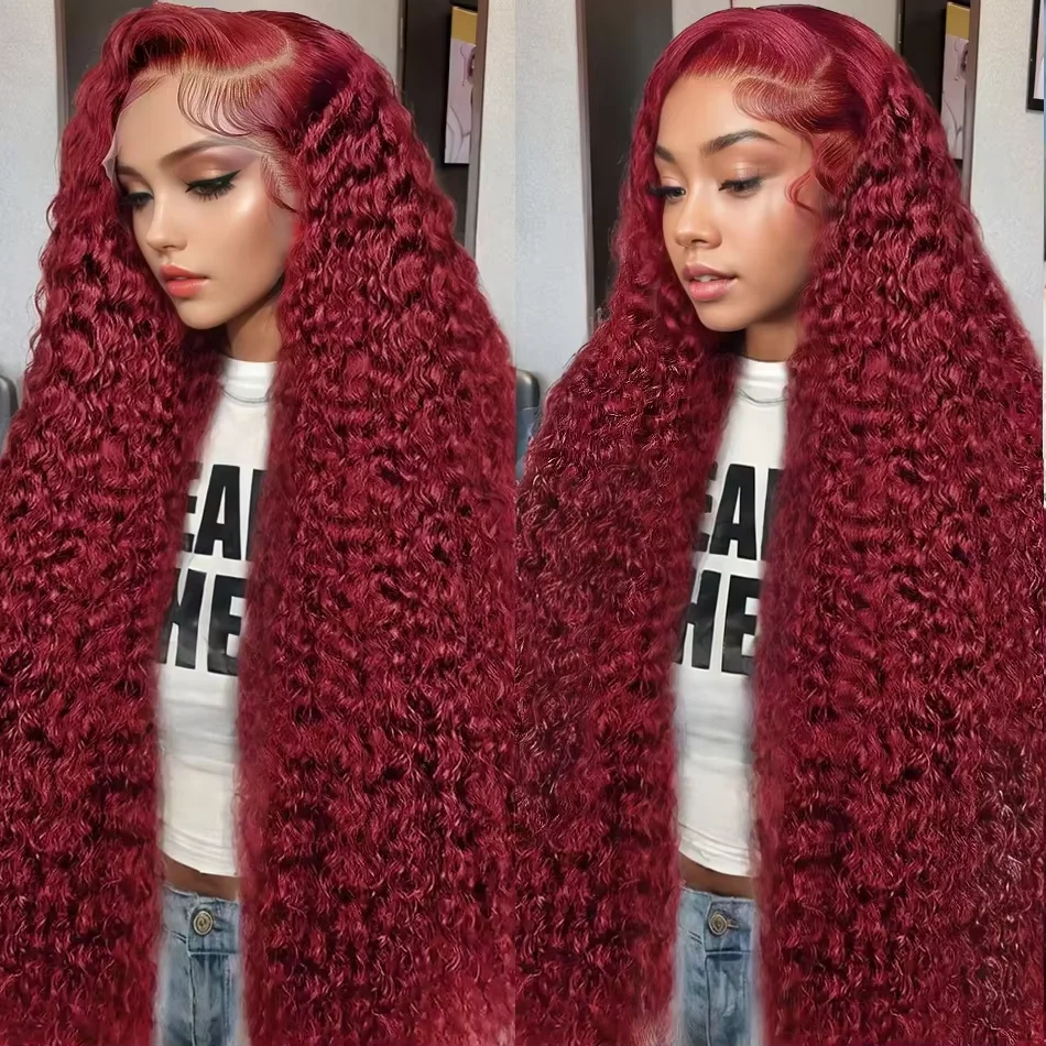 

200 Density 99J Burgundy Deep Wave 13x6 Lace Frontal Wig Transparent 13x4 Lace Front Red Colored Water Curly Deep Wave Human Hai