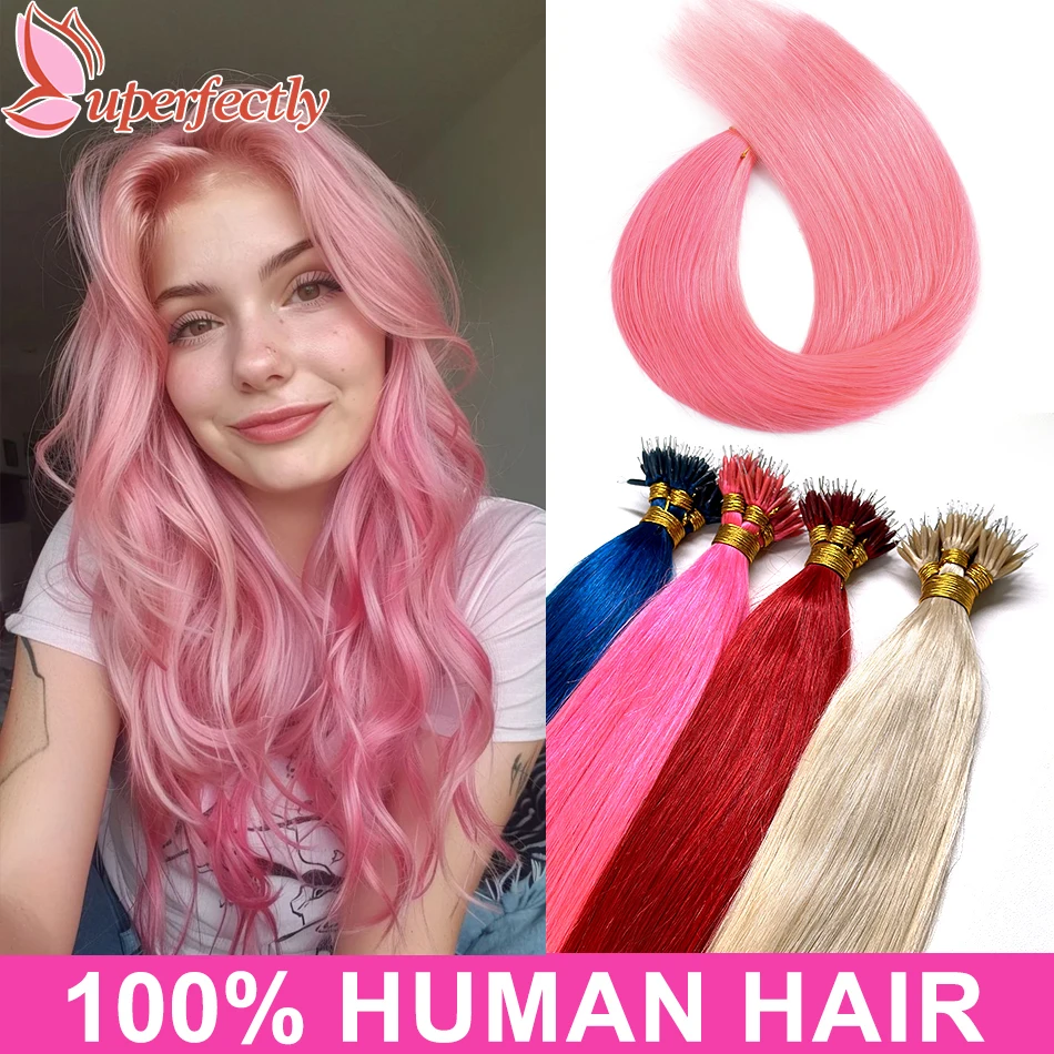 Colored Nano Ring Human Hair Extensions 100% Real Remy Hair Extensions 0.8g/Pc Pure Color Pink Blue Red 12-26Inch 50 100Strands