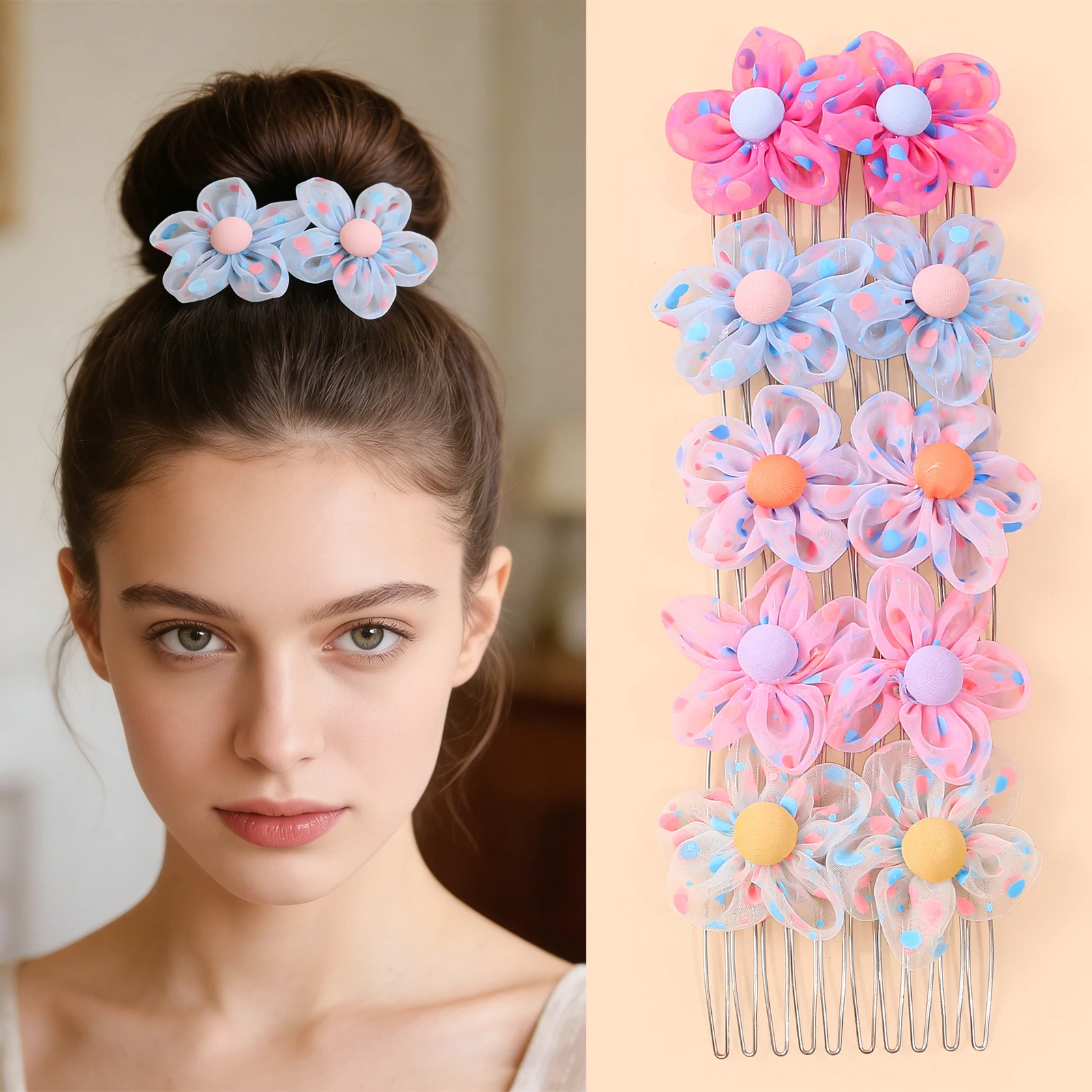 1/5 pieces, fresh polka dot flower comb versatile hair tool, sweet girl daily commuting hair accessories hair comb.