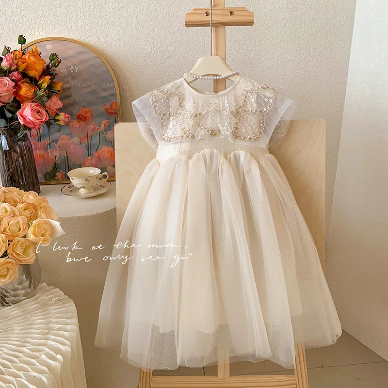 New Summer Kids Girls Elegant Dress, Square Neck Mesh Spliced Sleeveless Tulle Dress Princess Party Dress for 100-140cm