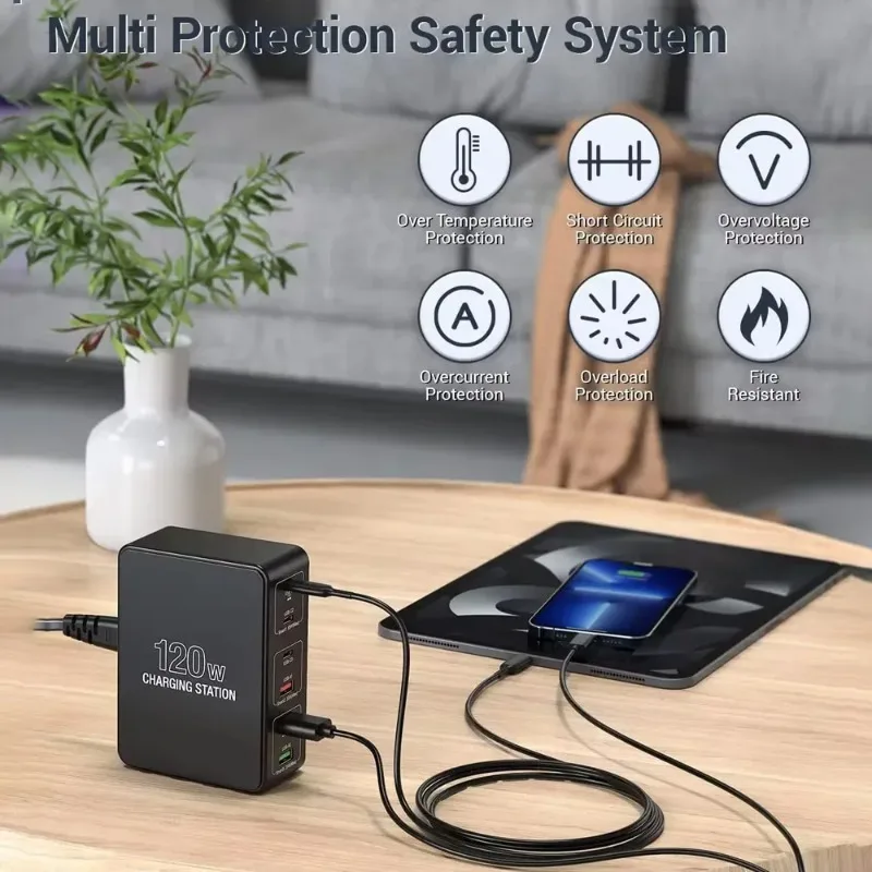 120w-ganデスクトップ充電ステーション-6ポートpd急速充電ハブ-usb-c充電器-ノートパソコン、スマートフォン、タブレット、家庭、オフィス用