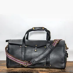 Nesitu-Bolso de viaje de cuero genuino para hombre, bandolera de hombro, color café negro, Vintage grande, M1618