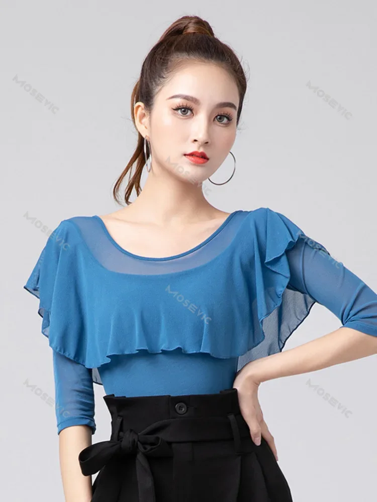 Tops de baile latino para mujer, Top elegante con volantes, ropa de traje de línea ajustada, Color liso, flamenco