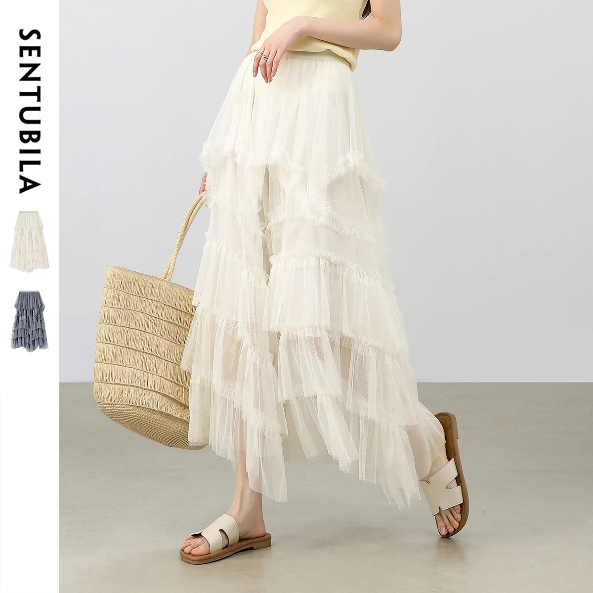 SENTUBILA Women's Tulle Bubble Skirt Summer 2025 New Collection High Waist Layered A Line Long Skirt Irregular Clothes W52QE2525
