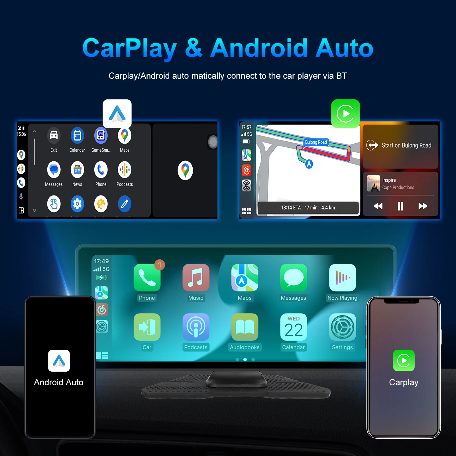 Podofo 10.26 inch Universal Wireless Carplay Android Auto MP5 Portable Smart Player Supports AirPlay Android Cast CVBS Camera