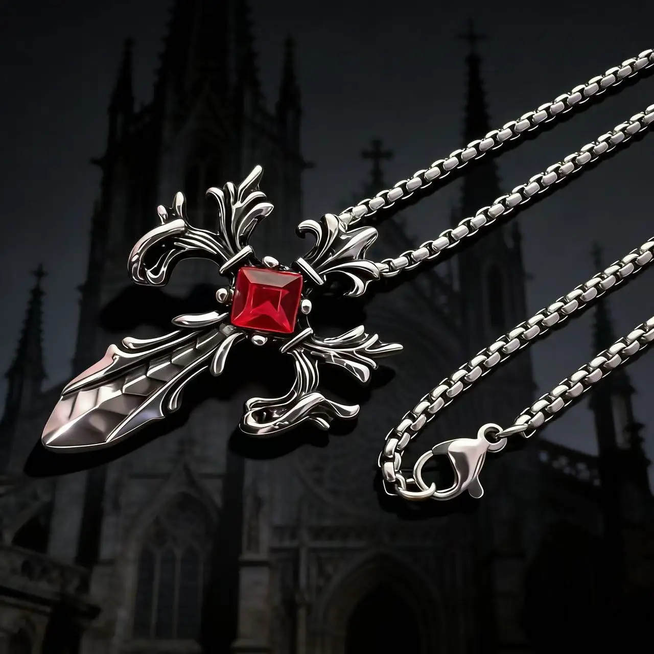 HNSP Gotischer Stil Design Roter Stein Kreuz-Anhänger Halskette Vintage Goth Schmuck Accessoire Geschenke – Detail 3