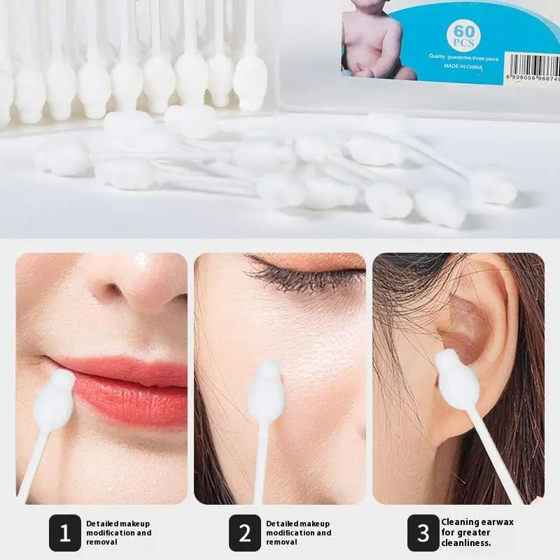 Hisopos de algodón dobles para limpiar el maquillaje, hisopos de papel de punta orgánica para mascotas y cosméticos, 60 uds.