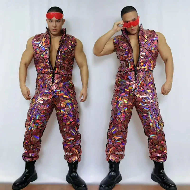 Illusionary Reflective Mirrors Jumpsuit Men Sexy Pole Dance Outfit Gogo Costume Nightclub Ds Dj Rave Clothes Stage Wear