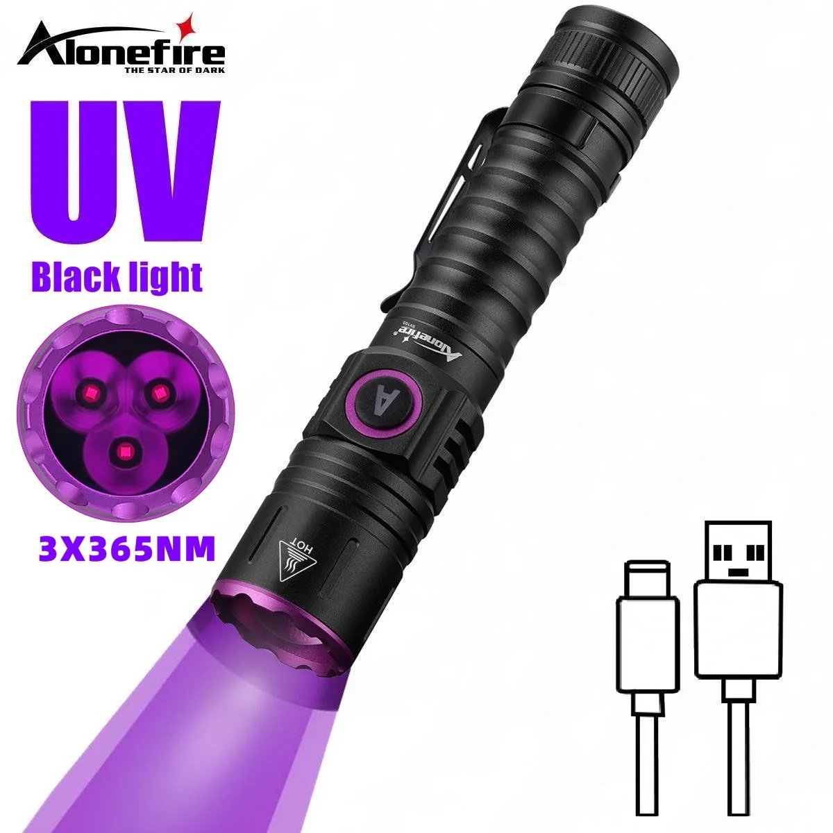 15W 365nm Rechargeable UV Flashlight Ultraviolet Black Light for Pet Urine Stains Uranium Glass Minerals bug Scorpions Detector