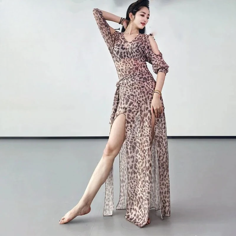 

Belly Dance Practice Costume Leopard print mesh Dress Baladi Robe Shaabi Robe Clothes Folk Dress Oriental Performances Clothing