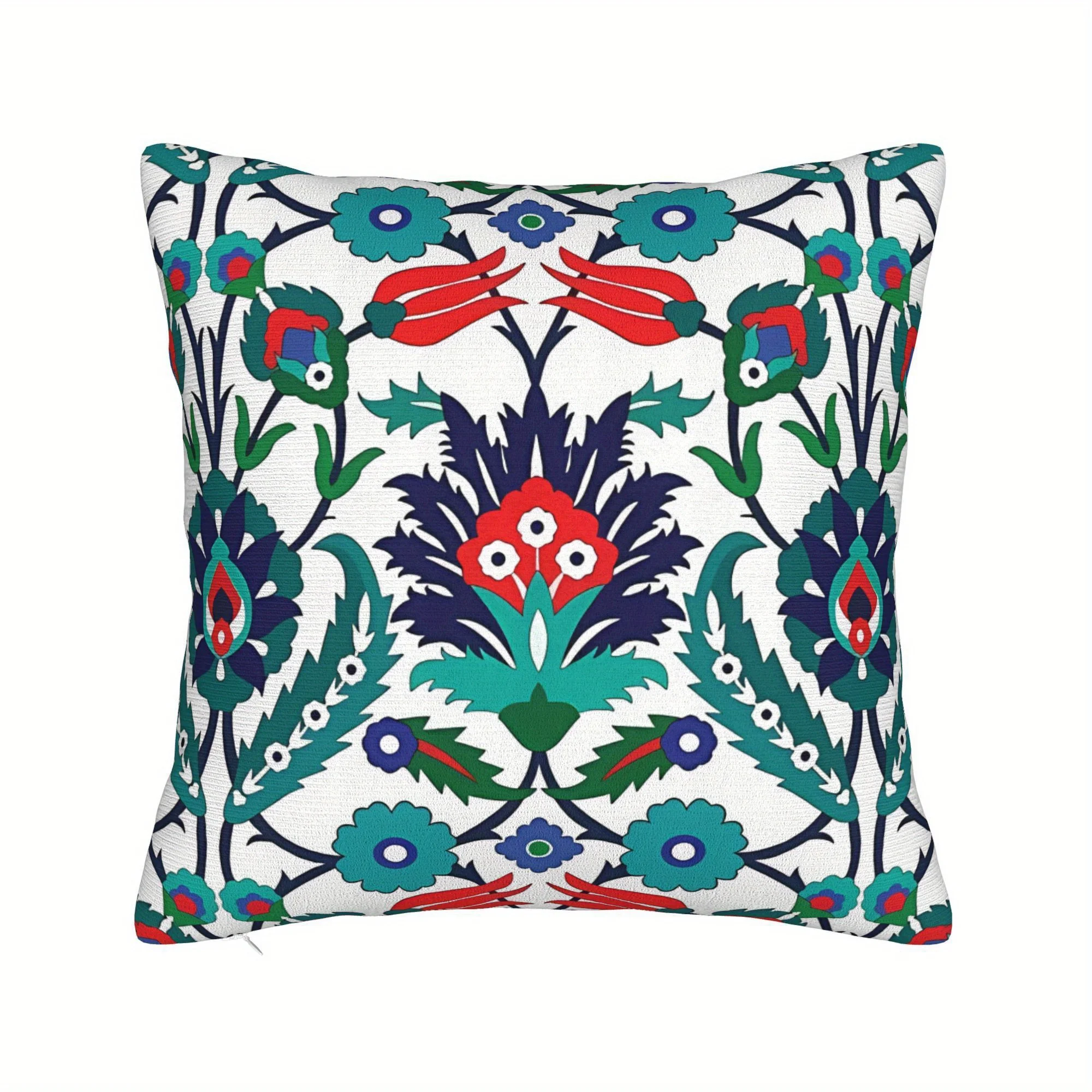 1pc Beautiful Oriental Iznik Tulip Design Decorative Cushion Cover - Soft, Machine Washable Polyester with Vibrant Red, Blue, an