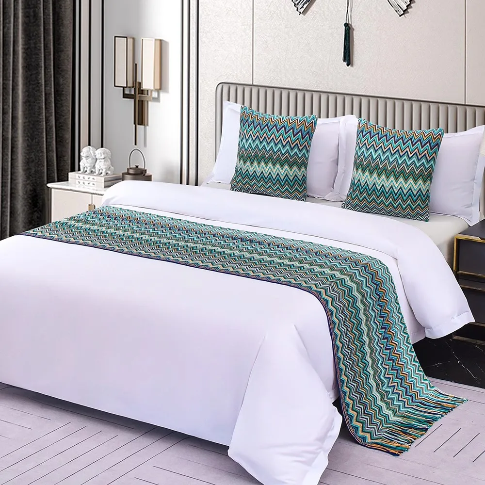 Home Hotel Longer Tassel Bed Runner Solid Plaid Wool Bed Towel Dining Wedding Party Decor Bed Tail Towel Pillowcase