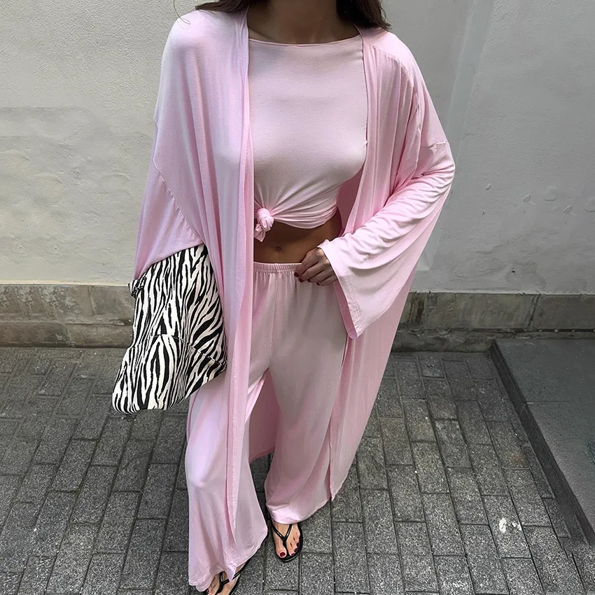 Women Fashion Lounge Set Vintage 3 Piece Outfit Spring Autumn O Neck Waist Tie T-shirt+Elastic Waist Pants Long Sleeve Crop Tops