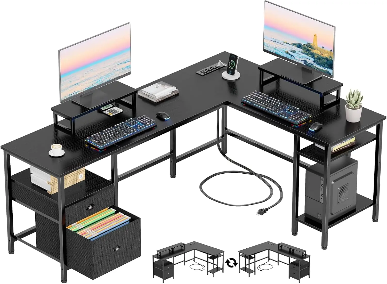 66” L Shaped Desk with Power Outlet, Reversible Computer Gaming Desk with File Drawer & 2 Monitor Stands for Home Office with St