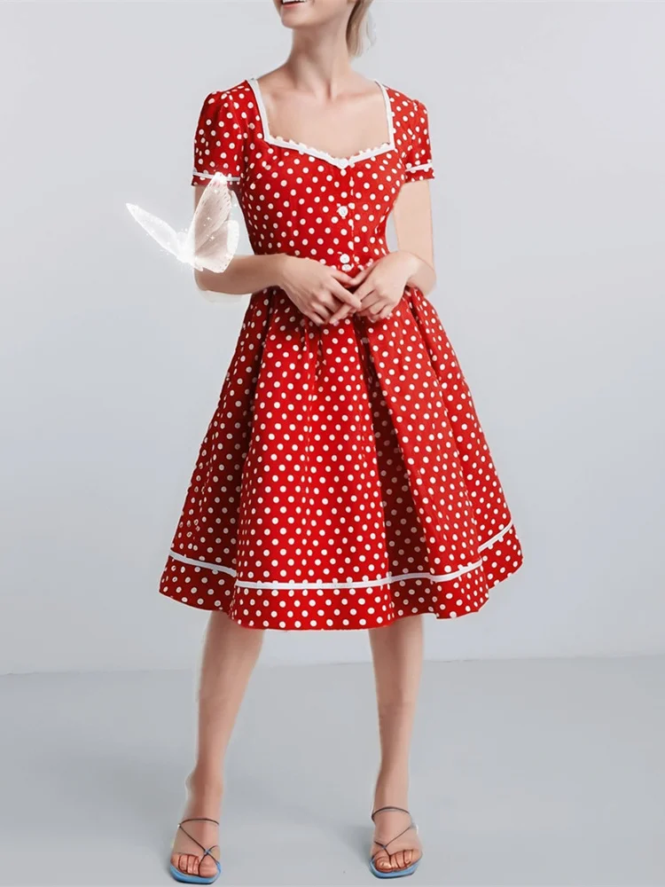 2025 Elegant Summer Big Swing Vintage Casual Dress Red Blue Polka Dot Short Sleeve Party Holiday Wedding Pleated Dresses 1950s