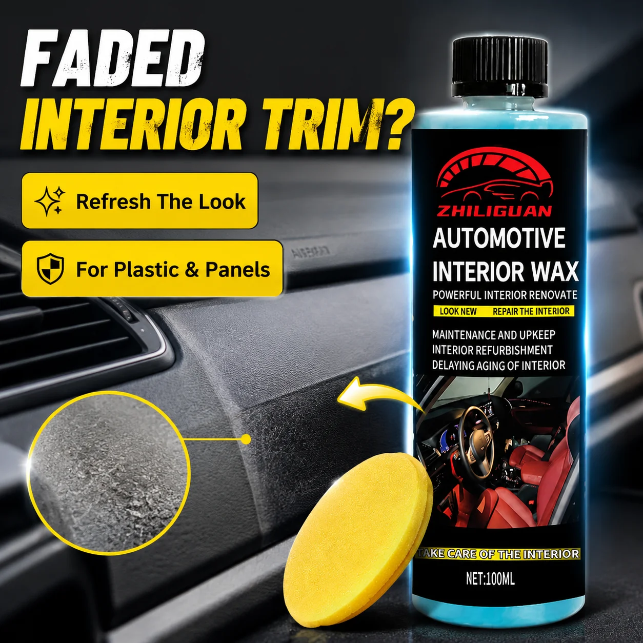 Automotive Interior Wax 100ml with Sponge Car Dashboard Restorer Polish Leather Plastic Care Delay Aging