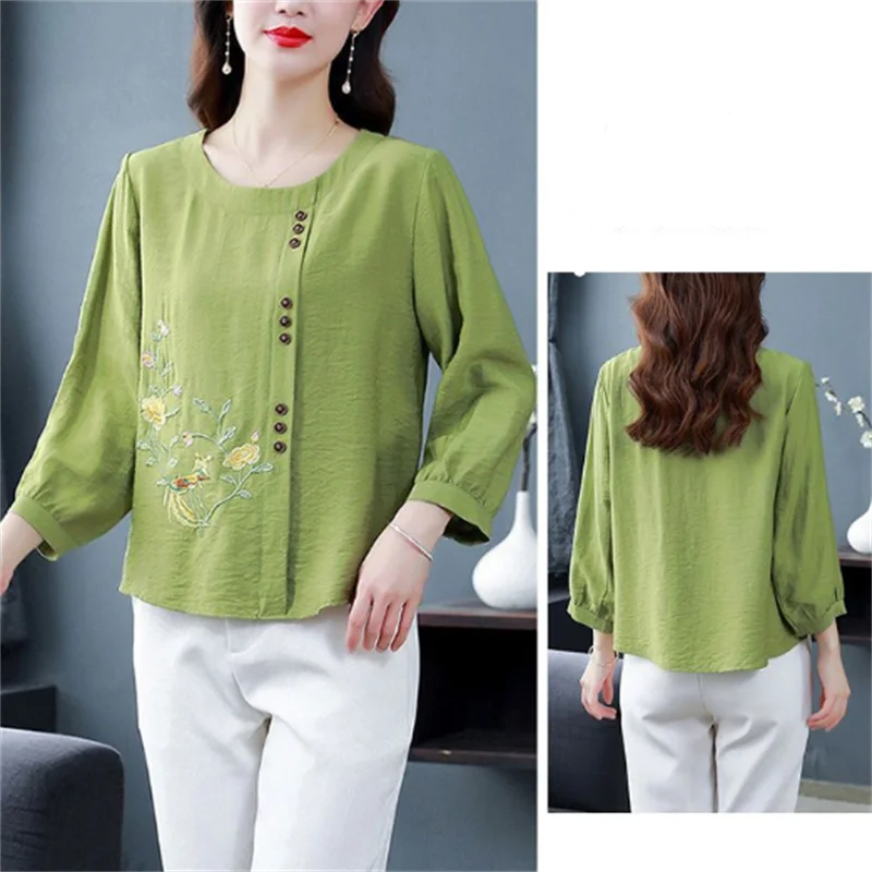 Cotton Embroidery Blouse Women Shirt 3/4 Sleeve Shirt Summer Pullover O-neck Loose Vintage Woman Clothes Blous Thin Female Shirt